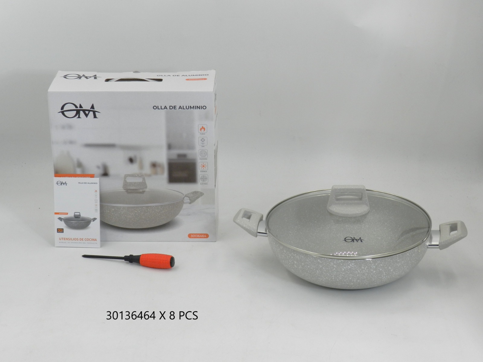 Olla Wok De Aluminio Antiadherente Granito Con Tapa De Vidrio OM