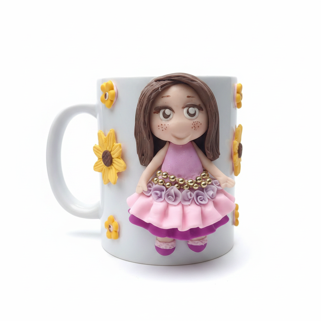 Pocillo Recordatorio Niña con Girasoles en Porcelanicron