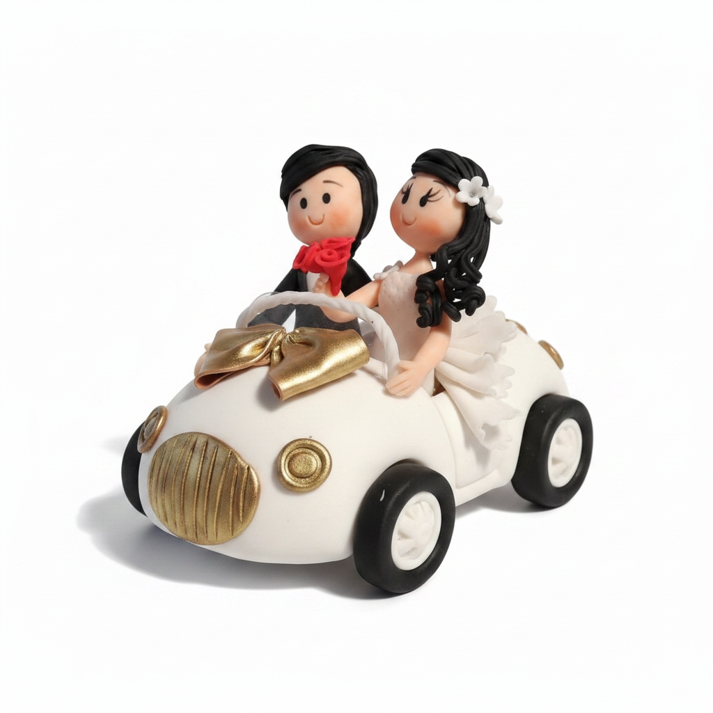 Recordatorio toper para Torta de Matrimonio — Novios en Carro en Porcelanicron