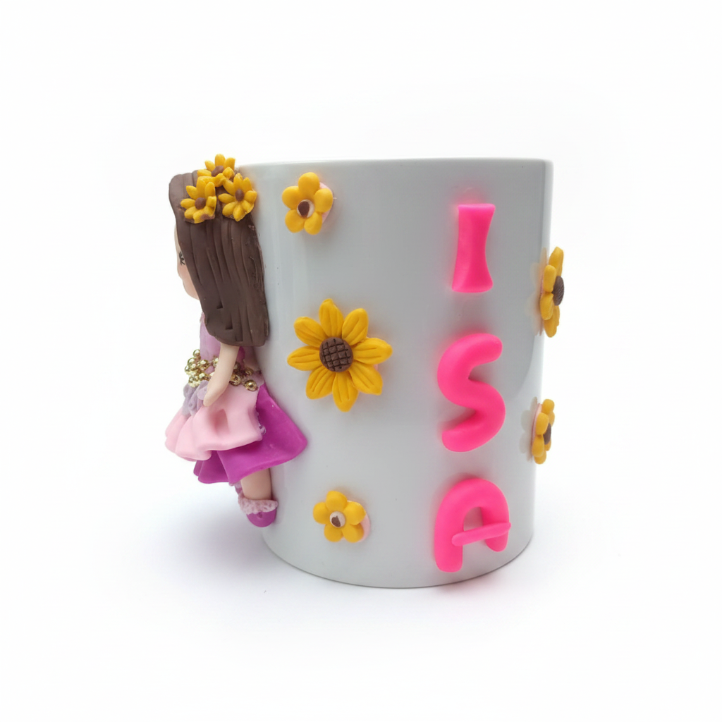 Pocillo Recordatorio Niña con Girasoles en Porcelanicron