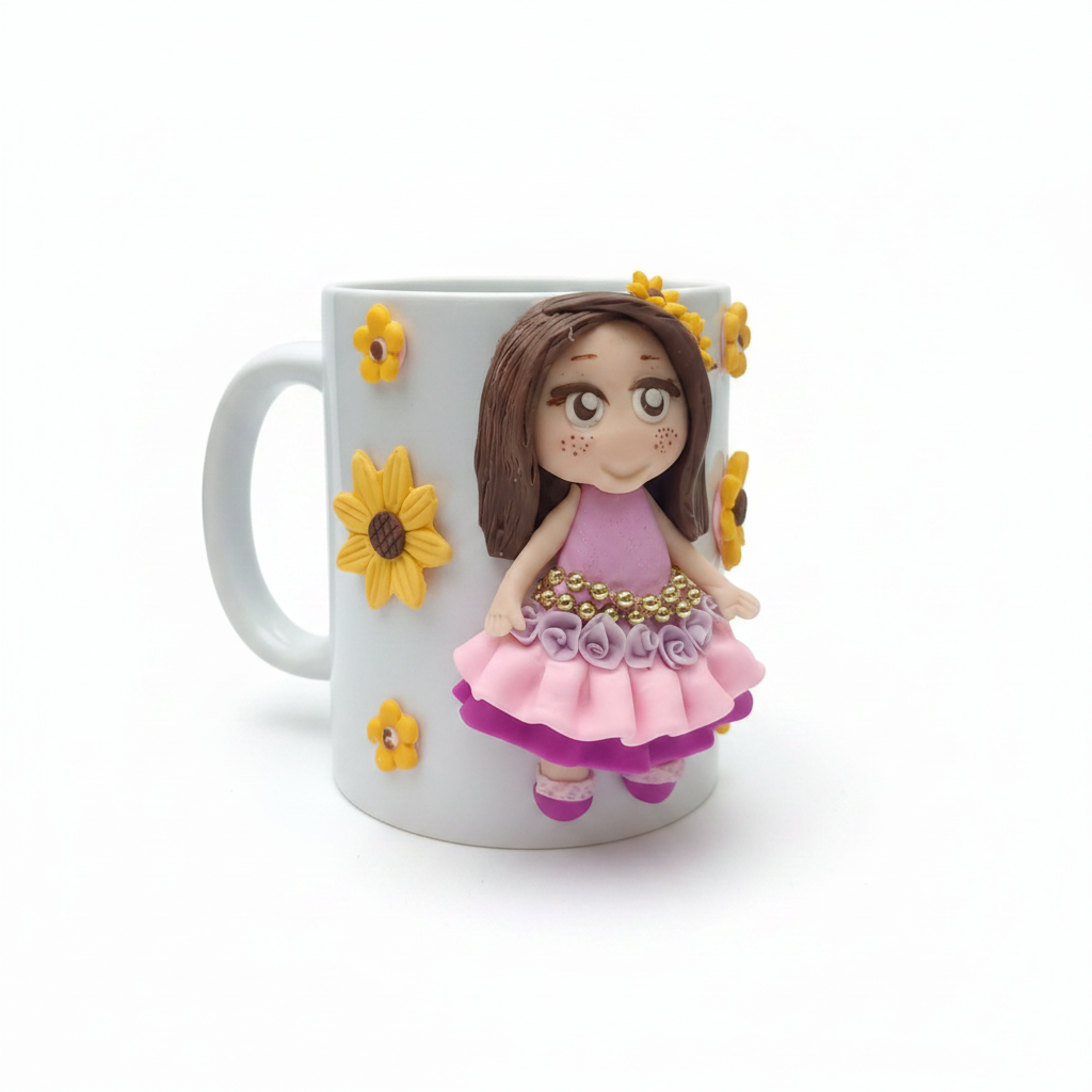 Pocillo Recordatorio Niña con Girasoles en Porcelanicron