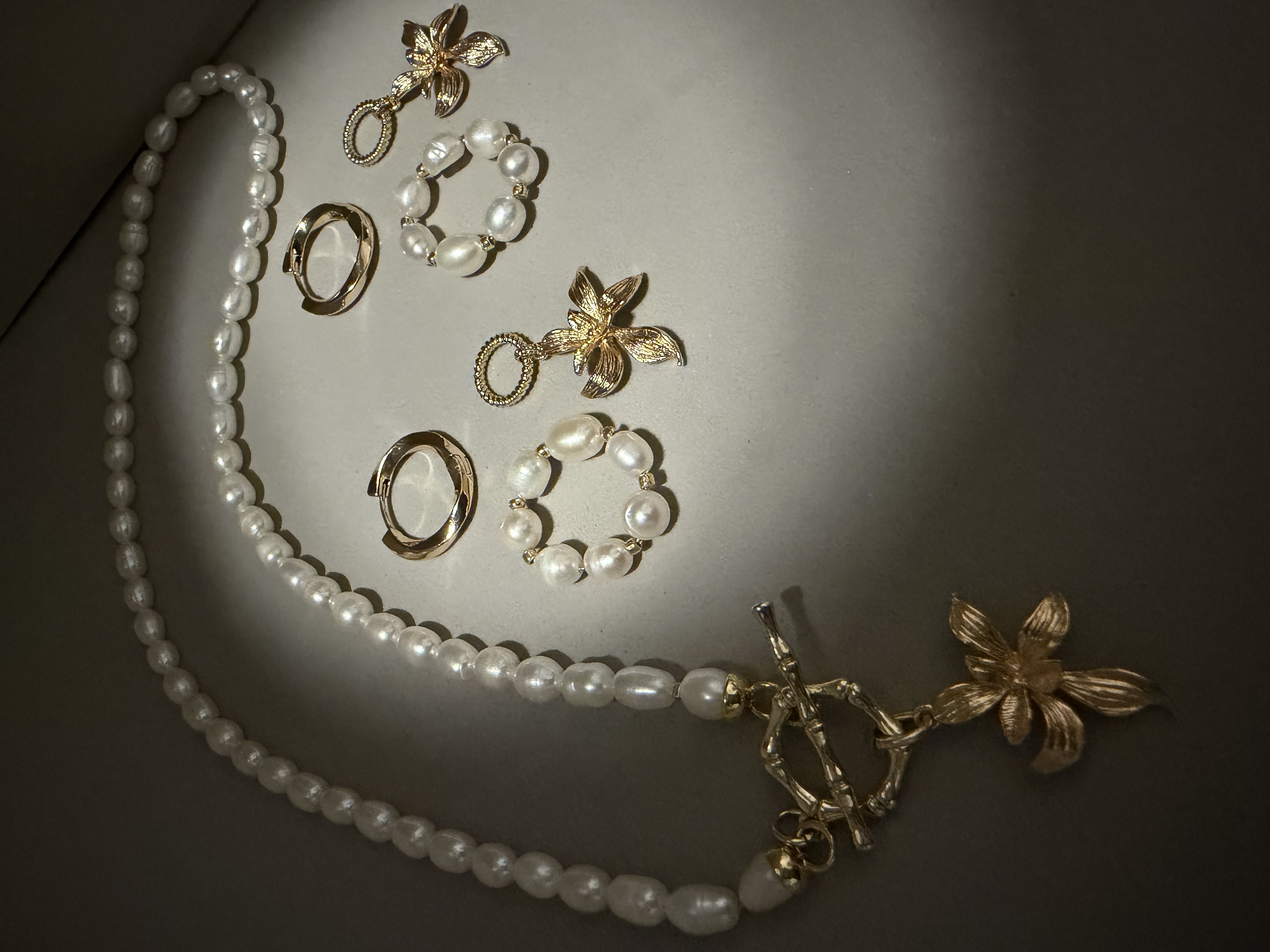 Freshwater Pearl & Gold Flower Jewelry Set