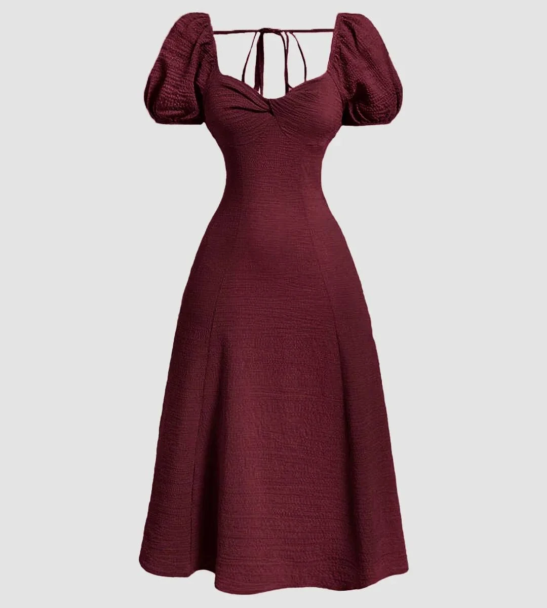 Maroon Puff Sleeve Midi Dress