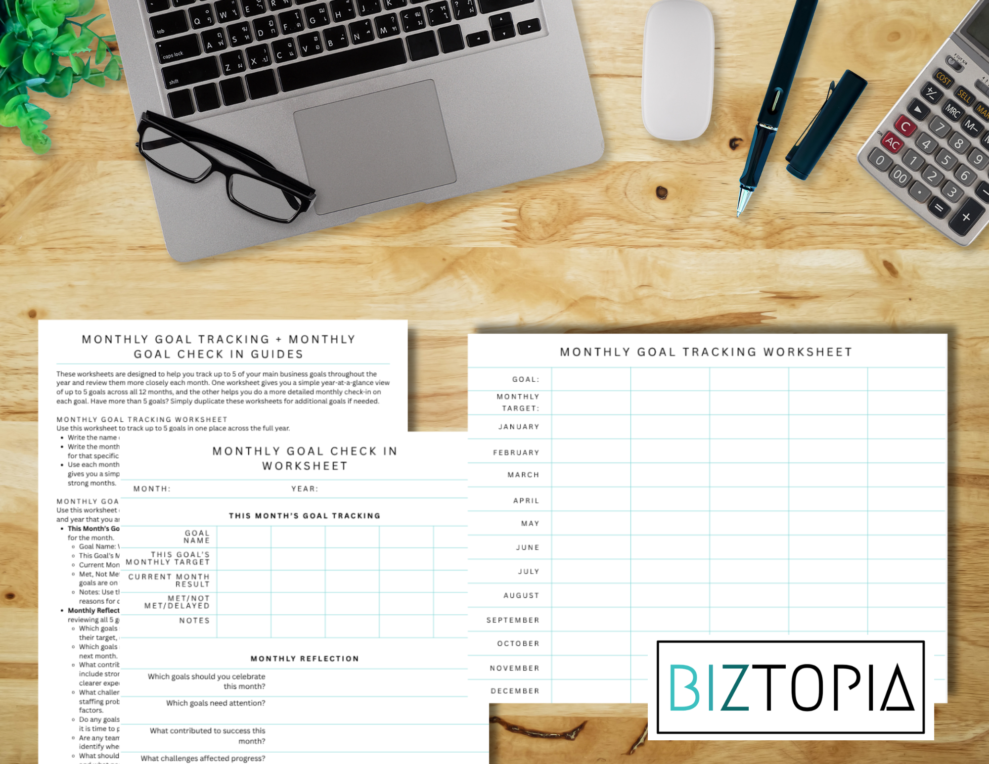 Monthly Goal Tracking + Monthly Goal Check-In Worksheets + Guides