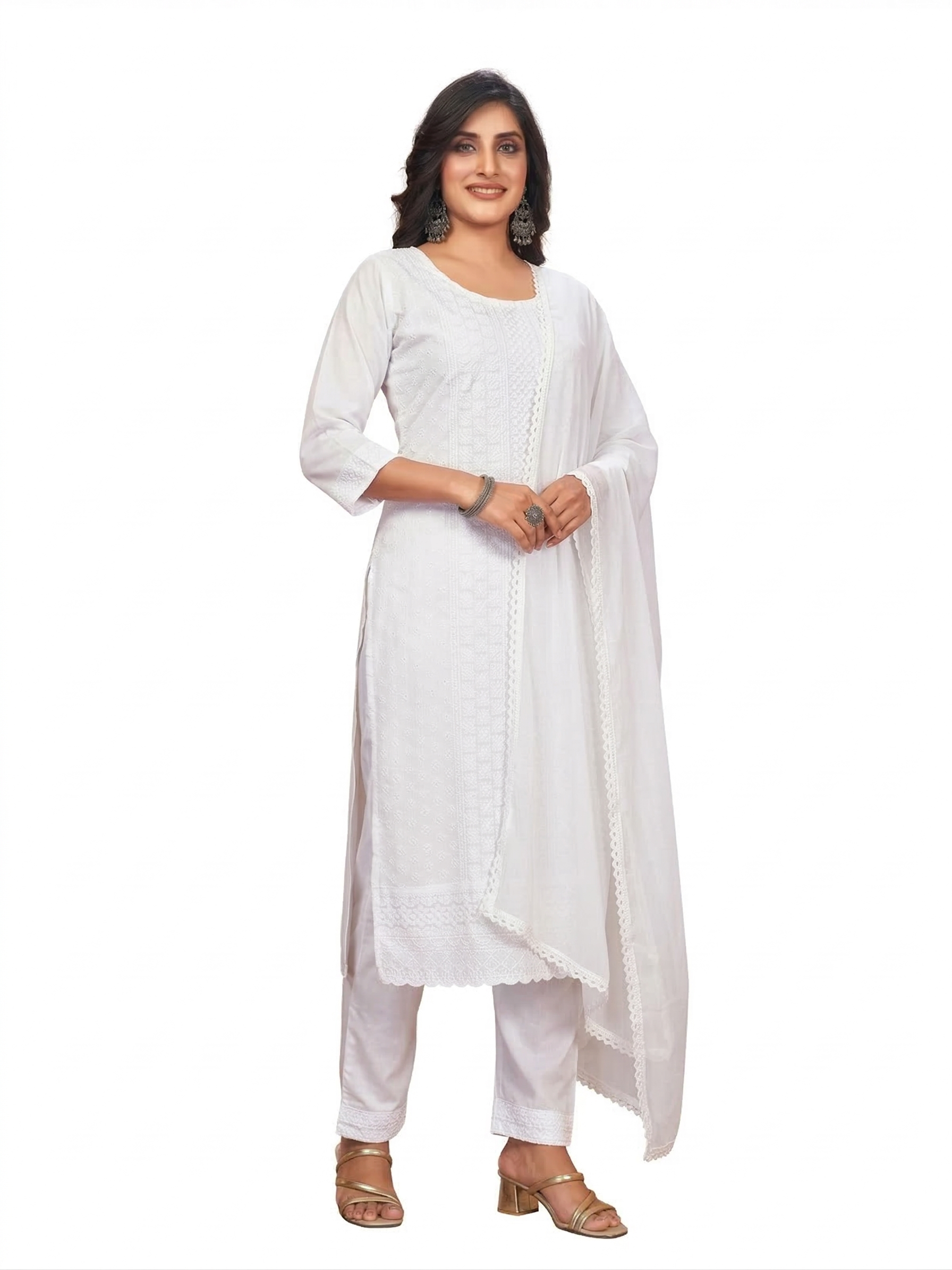 White Rayon Cotton Chikankari Kurta Set