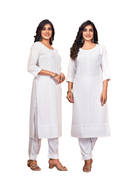 White Rayon Cotton Chikankari Kurta Set