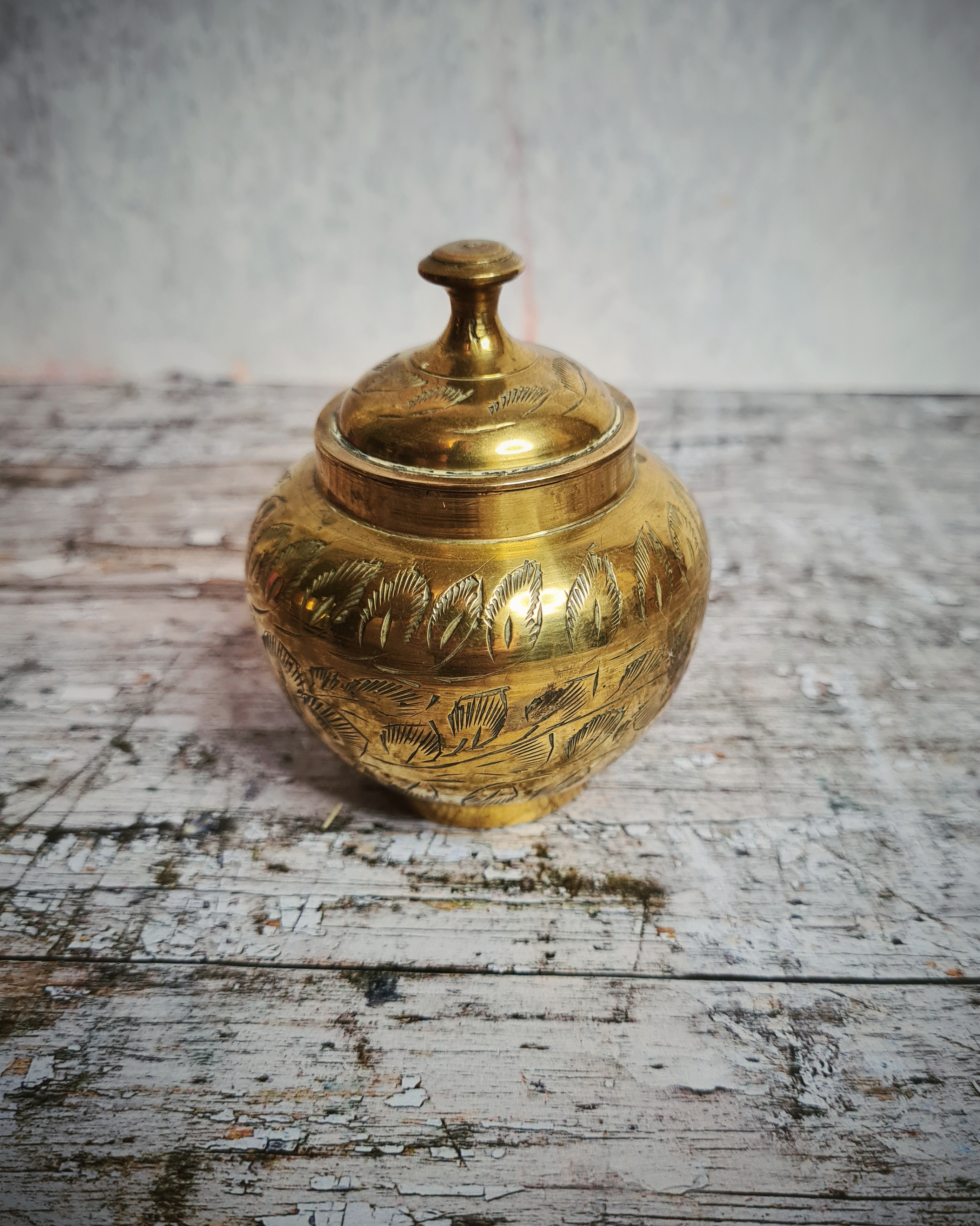 Vintage Engraved Brass Lidded Pot