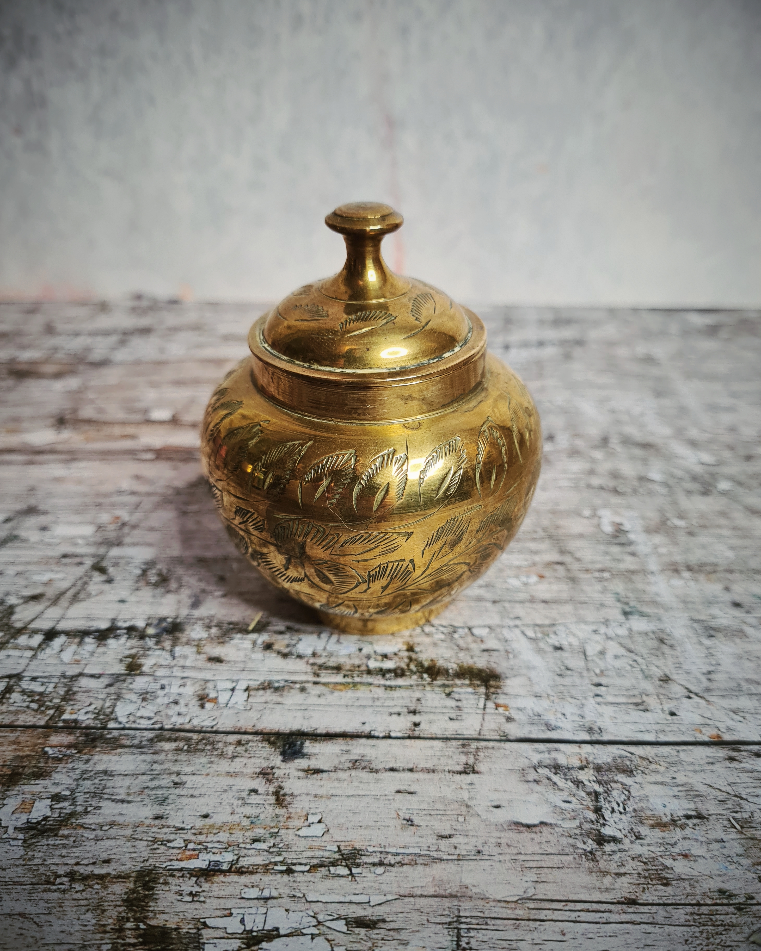 Vintage Engraved Brass Lidded Pot