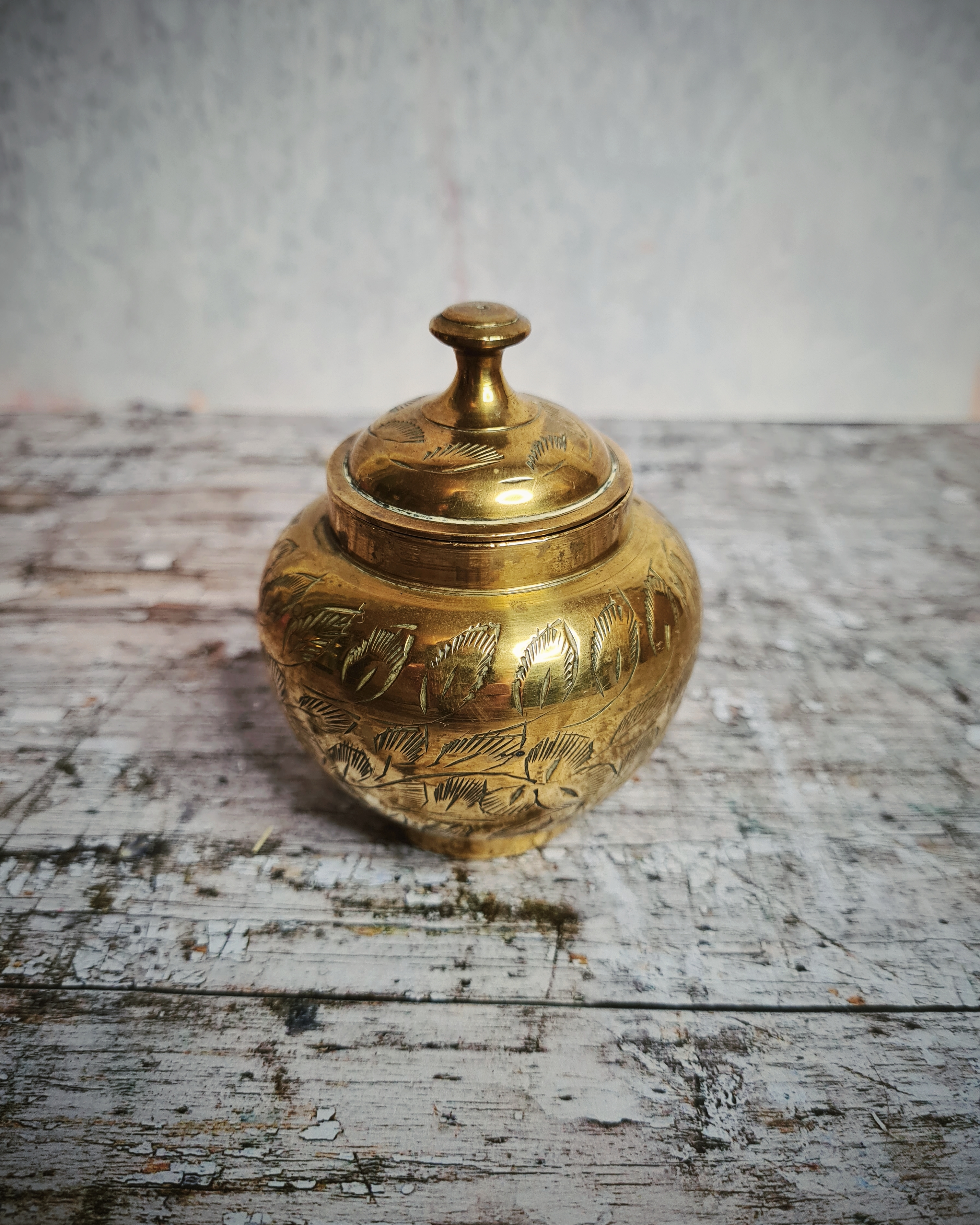 Vintage Engraved Brass Lidded Pot