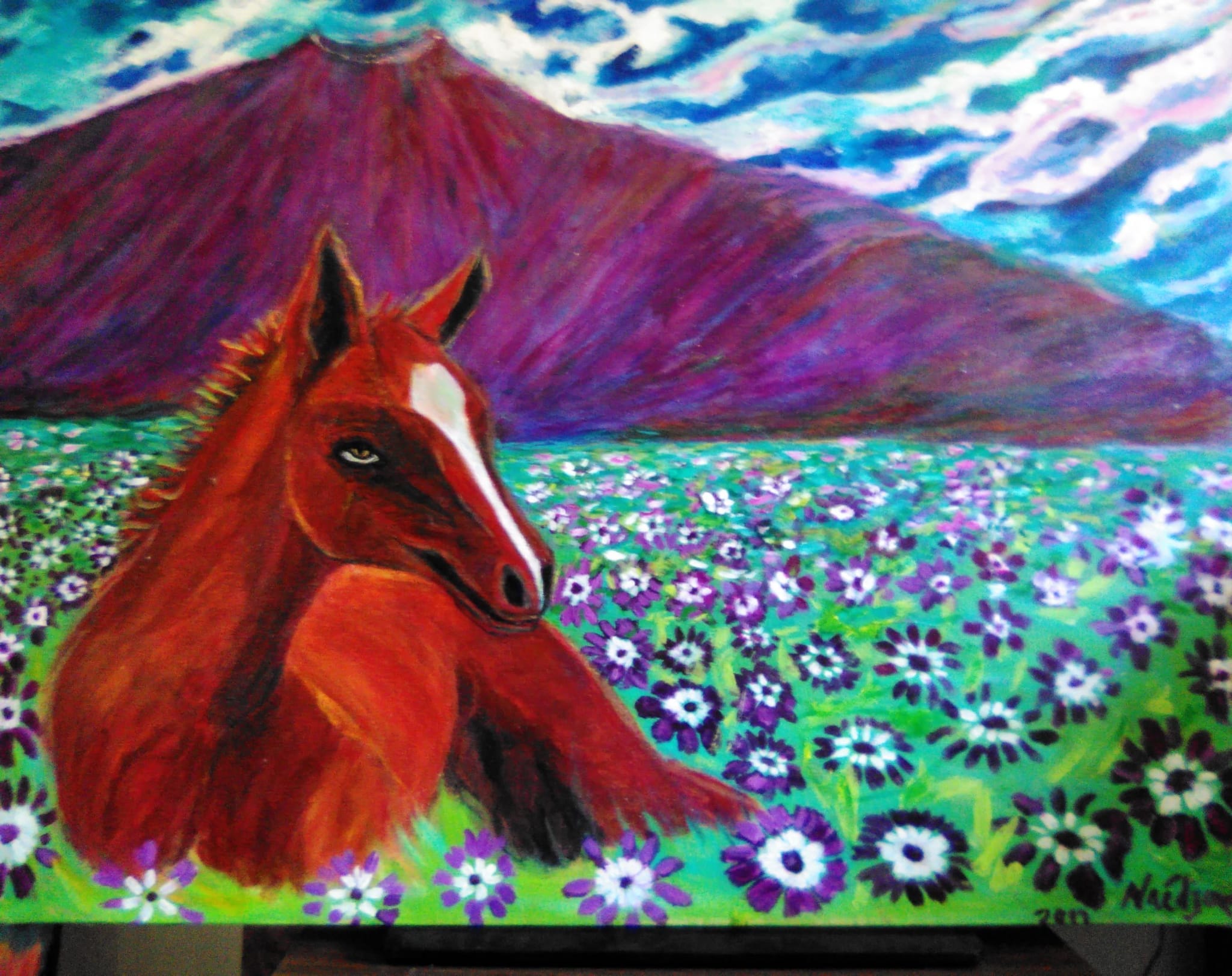 Horse in Wildflower Field Painting
