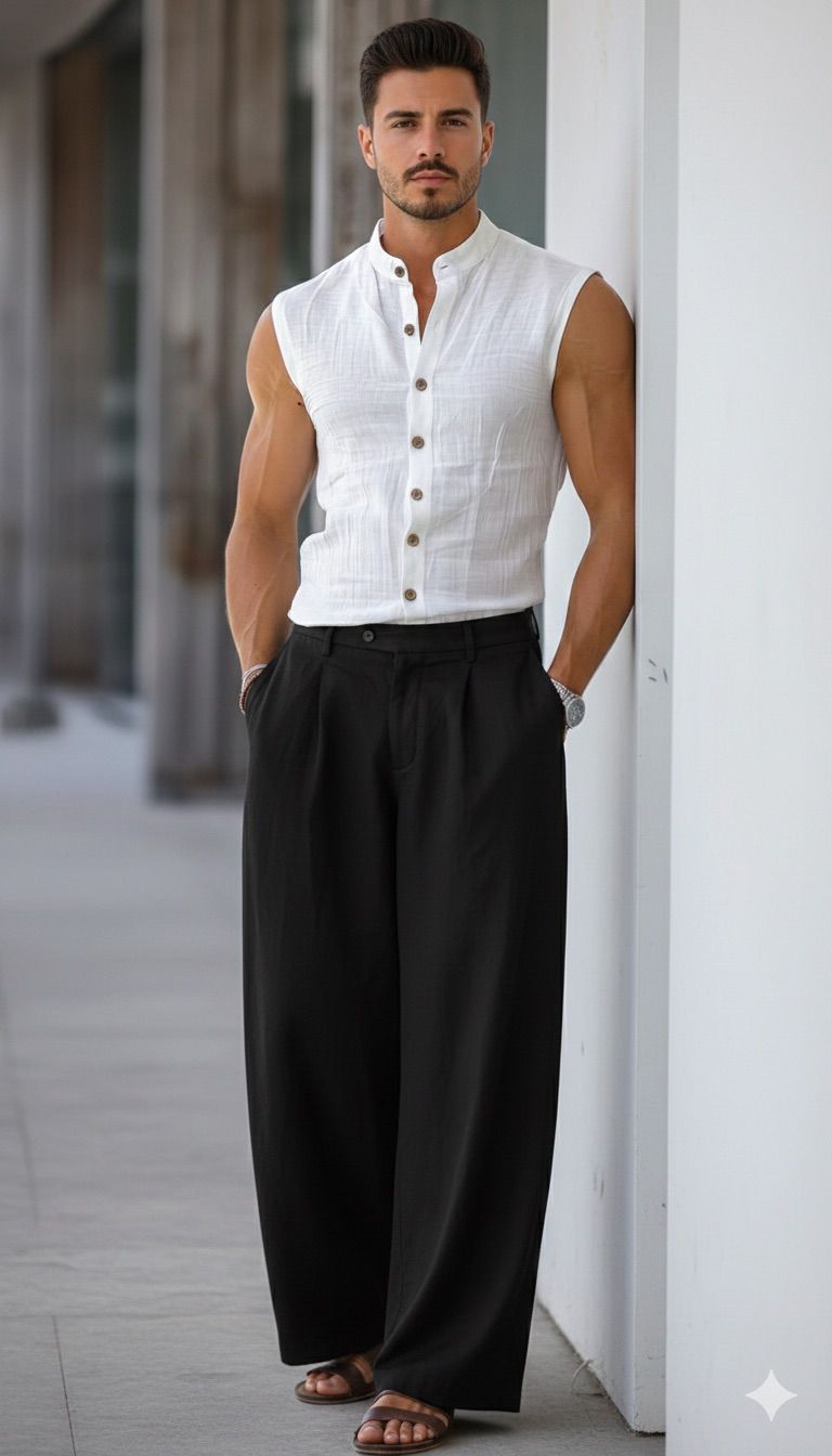 Camisa sin mangas blanca para hombre y Pantalon Negro Regular