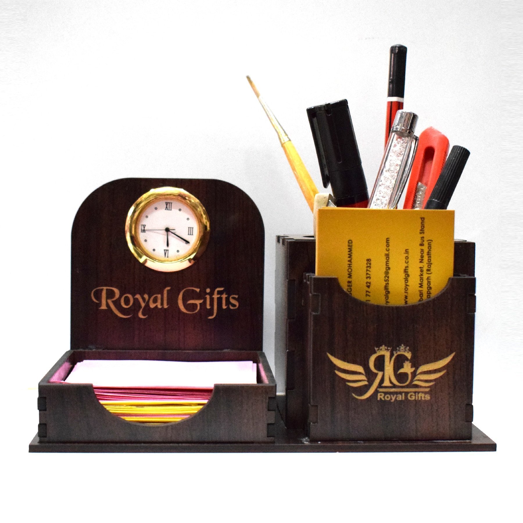 Custom Wooden Desk Organizer with Clock