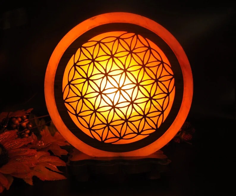 Himalayan Salt Lamp With Carved Wood Sheet Flower of Life Design, Salt Lamp