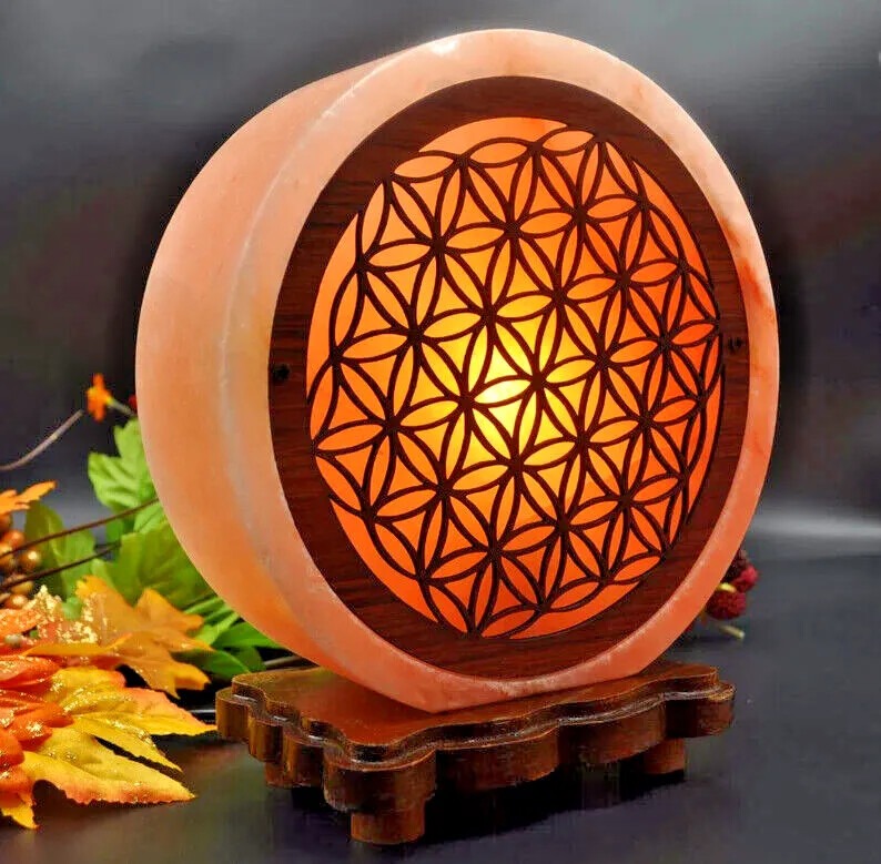 Himalayan Salt Lamp With Carved Wood Sheet Flower of Life Design, Salt Lamp