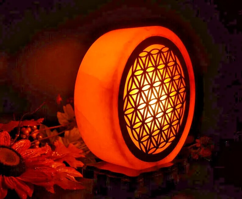 Himalayan Salt Lamp With Carved Wood Sheet Flower of Life Design, Salt Lamp