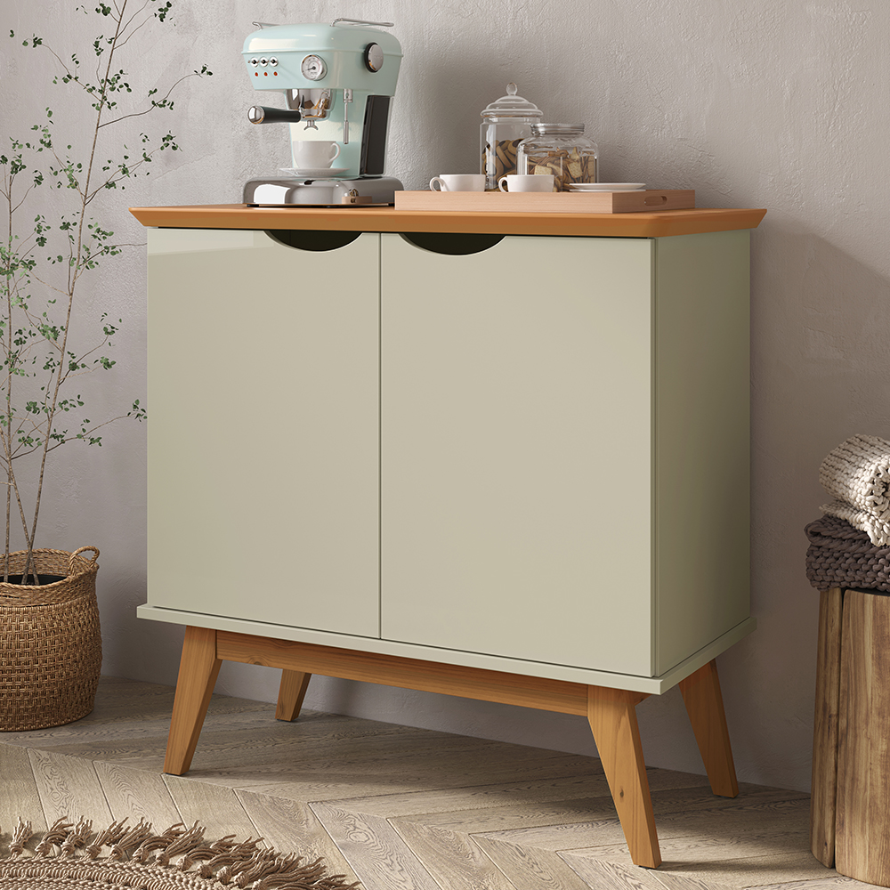 Buffet 2 Portas e Pés de Madeira Maciça Prism Off White/Cinamomo