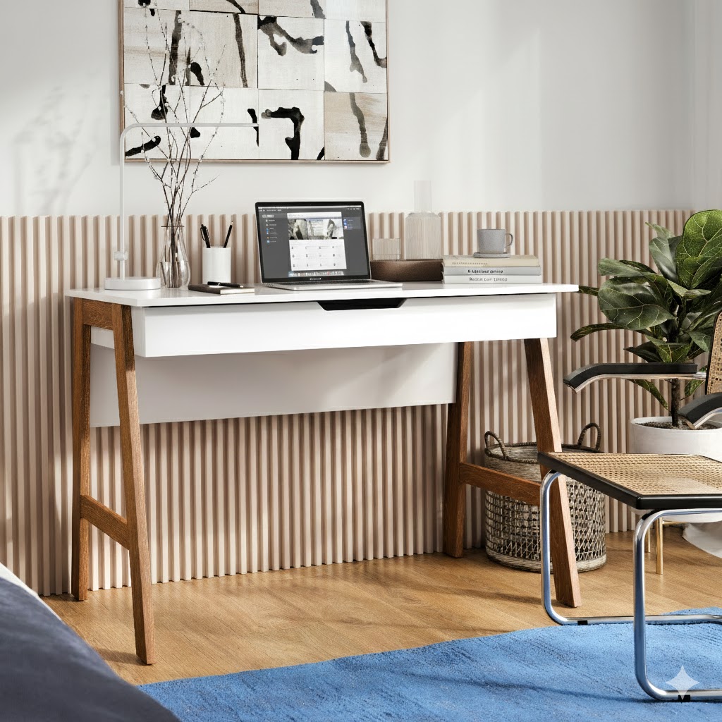 Escrivaninha Parma Branca com Pés de Madeira