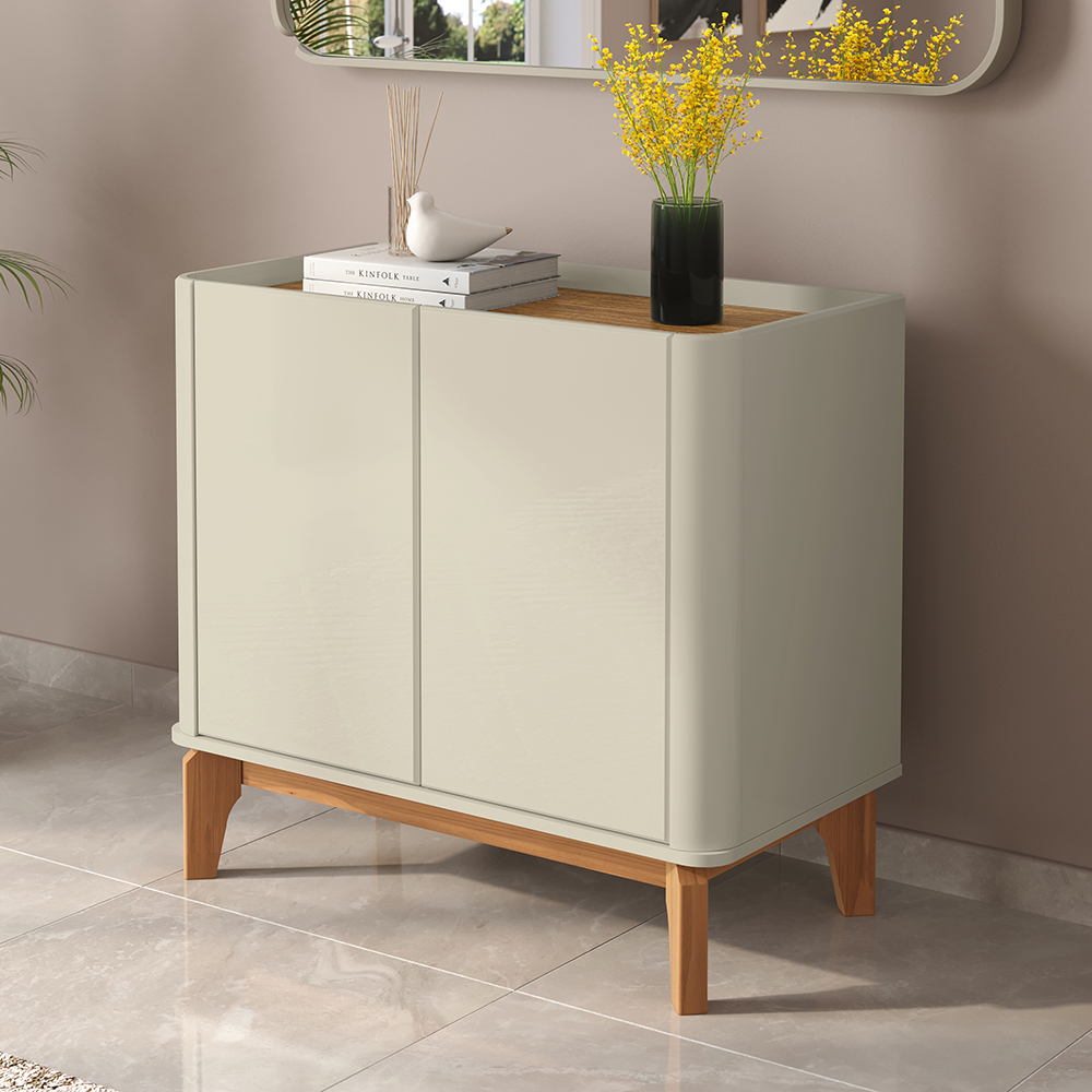 Buffet 2 Portas Flip com Pés De Madeira Maciça Off White/Cumaru