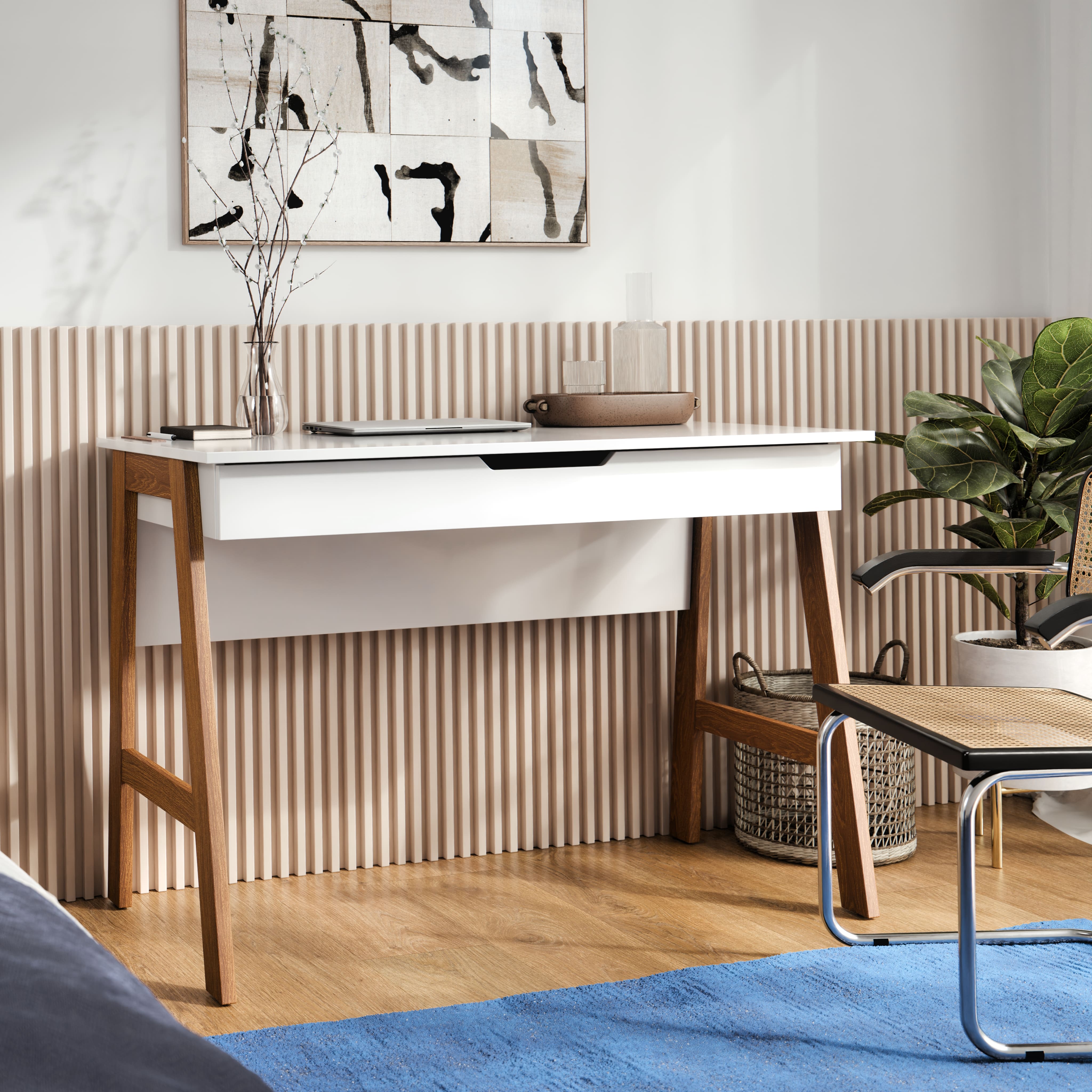 Escrivaninha Parma Branca com Pés de Madeira