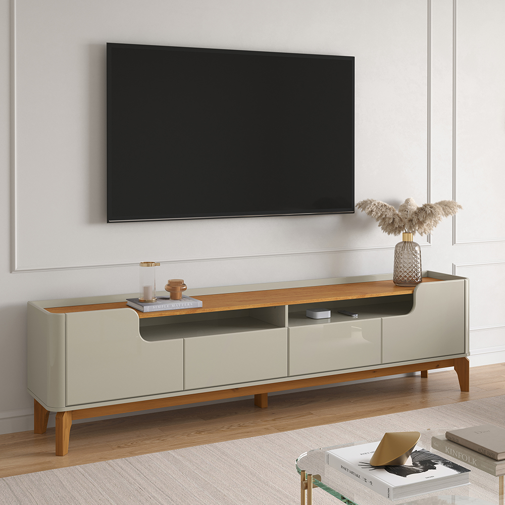 Rack Flip 1,80 Canto Curvo Com Pés de Madeira Maciça Off White/Cinamomo