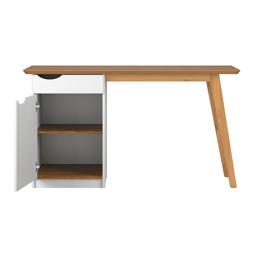 Escrivaninha Com Pés De Madeira Maciça Prism Branco Acetinado/Cumaru