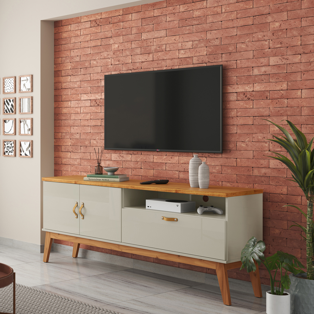 Rack Sirius 2 Portas 140Cm  Pés de Madeira e Puxadores de Couro Off White/Cinamomo