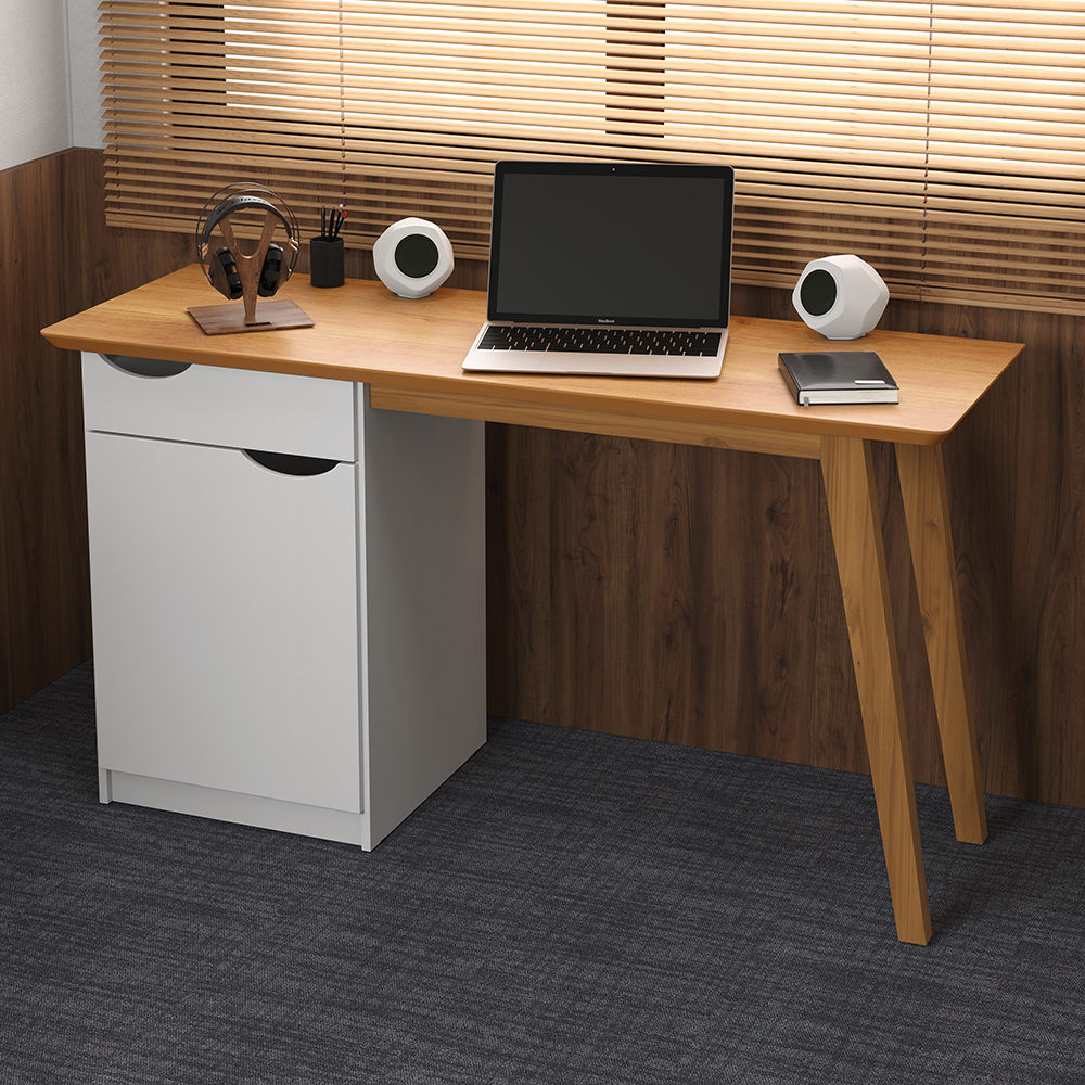 Escrivaninha Com Pés De Madeira Maciça Prism Branco Acetinado/Cinamomo