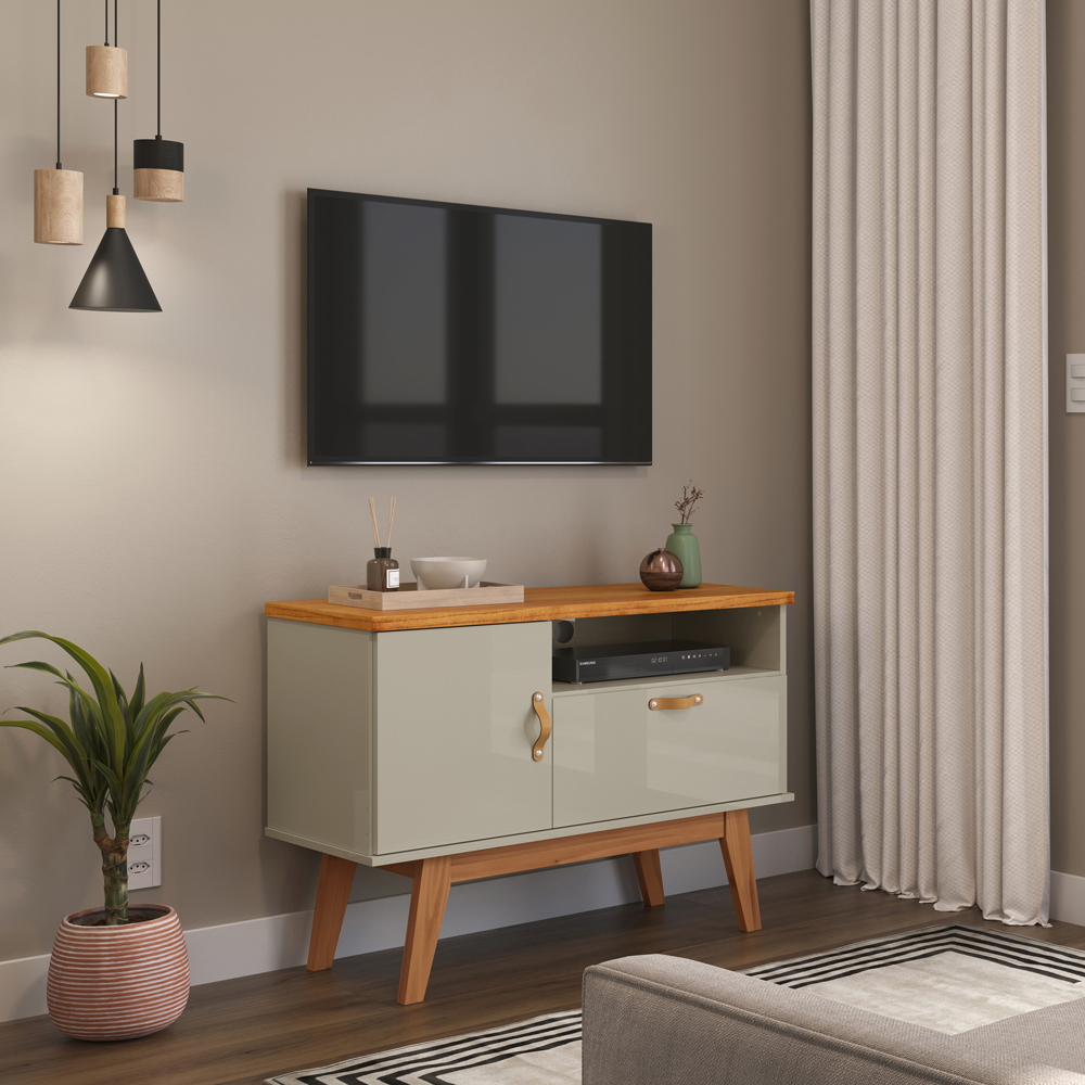 Rack Sirius 2 Portas 90Cm  Pés de Madeira e Puxadores de Couro Off White/Cinamomo