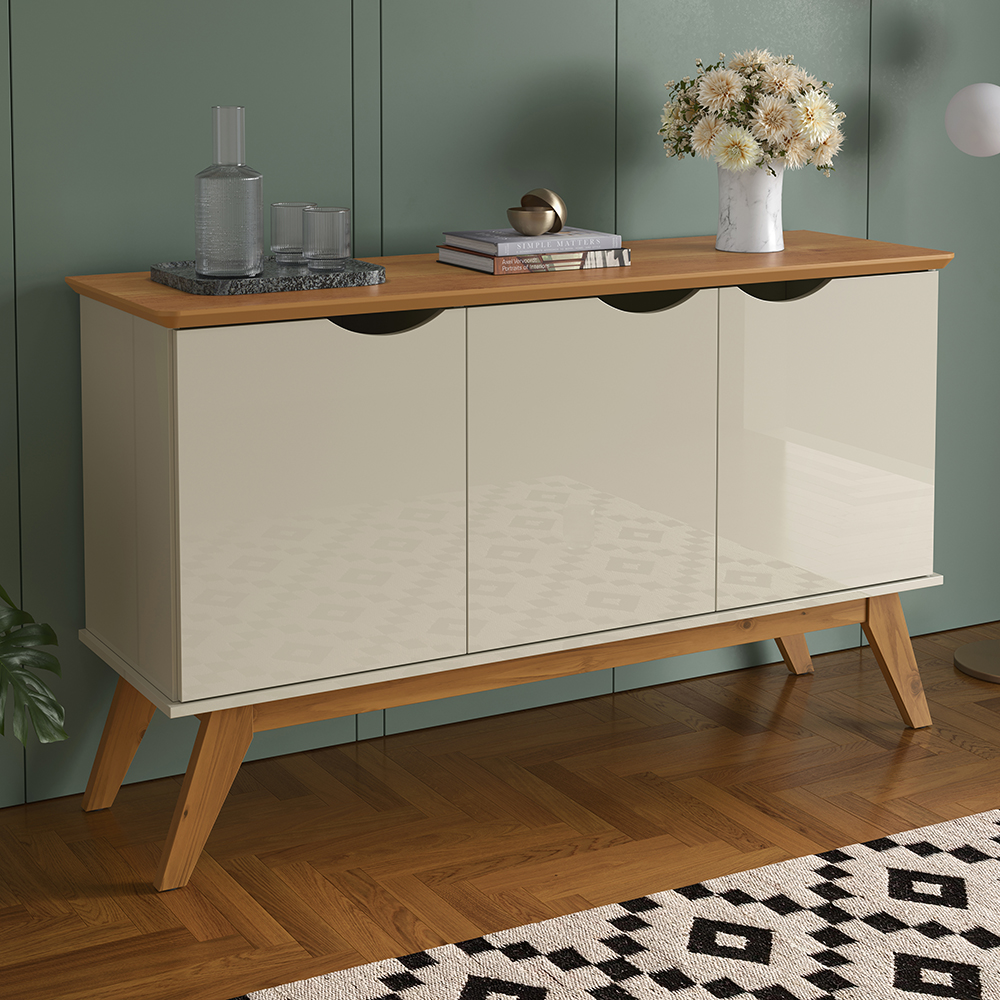 Buffet 3 Portas e Pés de Madeira Maciça Prism Off White/Cinamomo