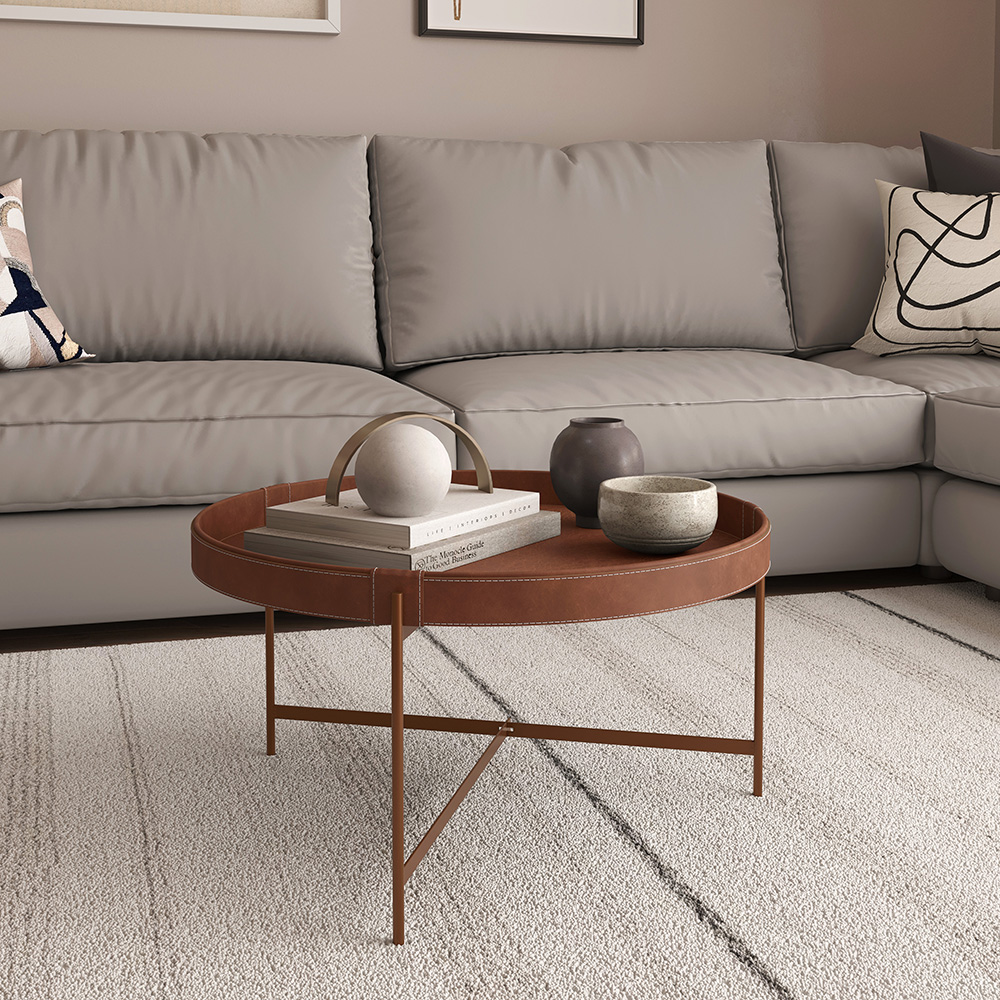 Mesa De Centro Redonda Em Couro Décor 700 Whisky