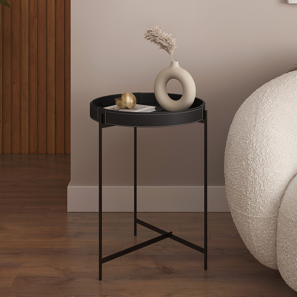 Mesa Lateral Redonda Em Couro Décor 470 Preta 