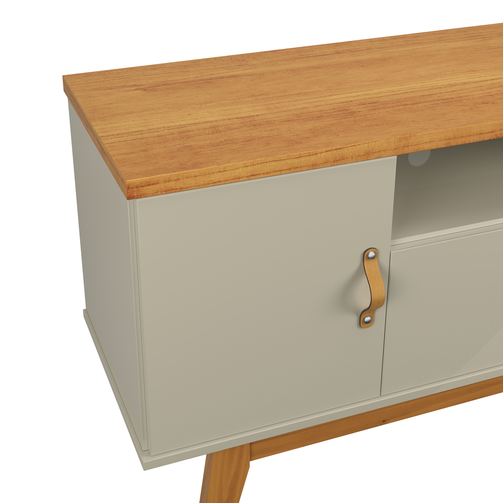 Rack Sirius 2 Portas 90Cm  Pés de Madeira e Puxadores de Couro Off White/Cinamomo