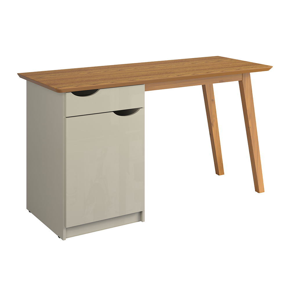 Escrivaninha Com Pés De Madeira Maciça Prism Off White/Cumaru