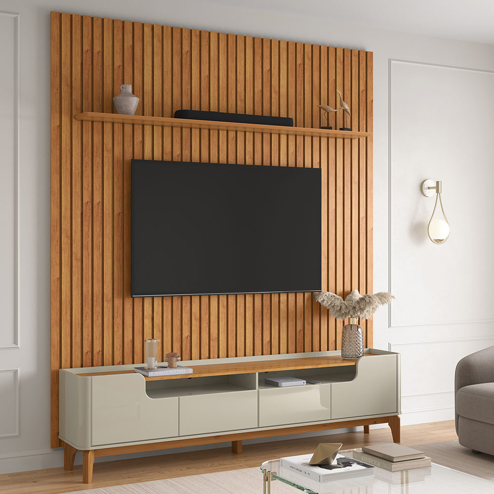 Rack Flip 1,80 Canto Curvo Com Pés de Madeira Maciça Off White/Cinamomo