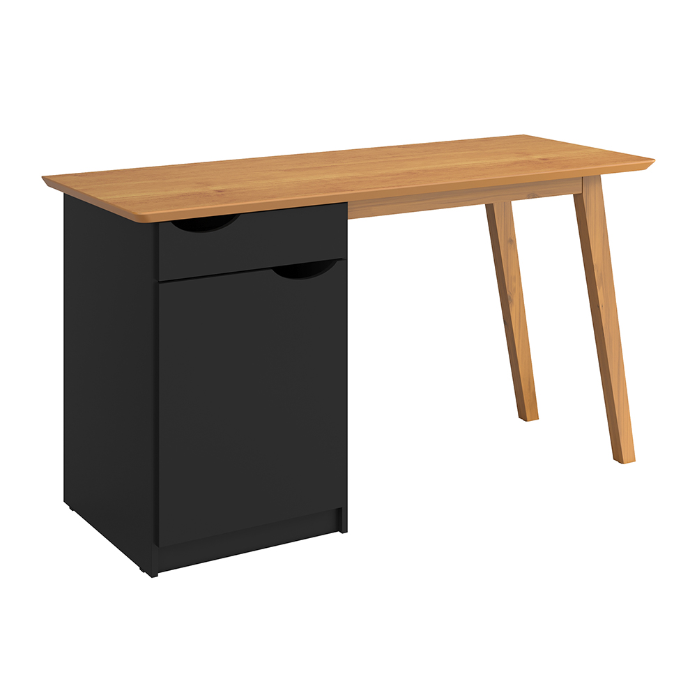 Escrivaninha Com Pés De Madeira Maciça Prism Preto Acetinado/Cinamomo