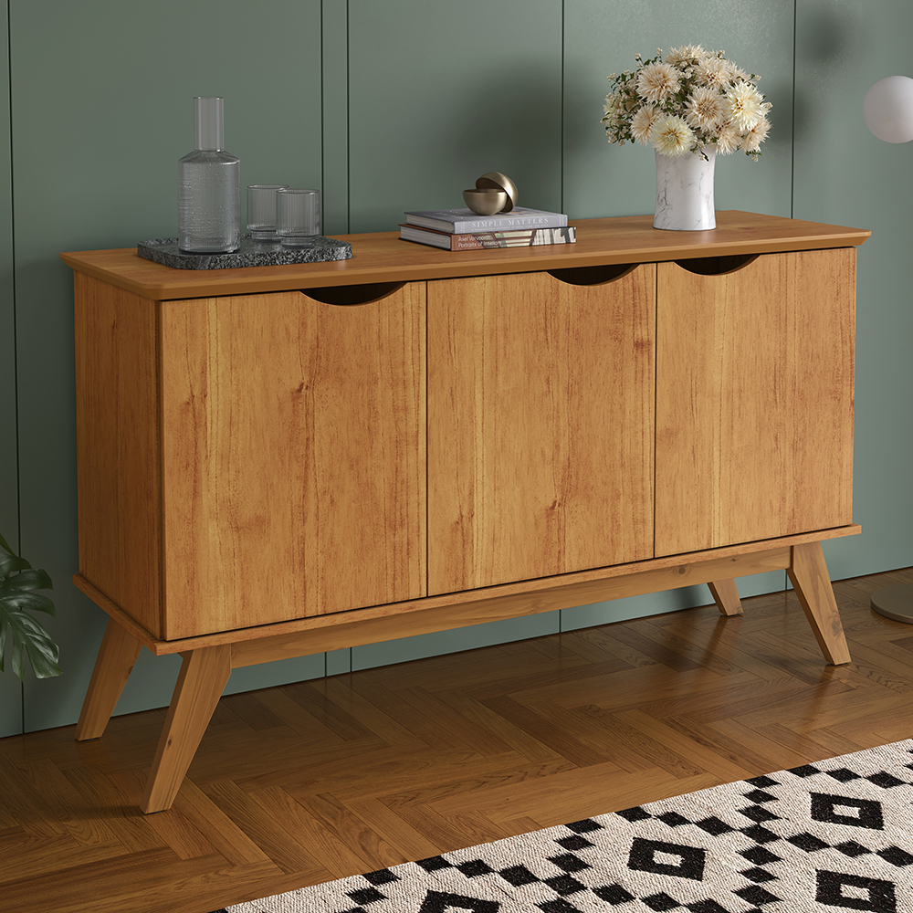 Buffet 3 Portas e Pés de Madeira Maciça Prism Cinamomo