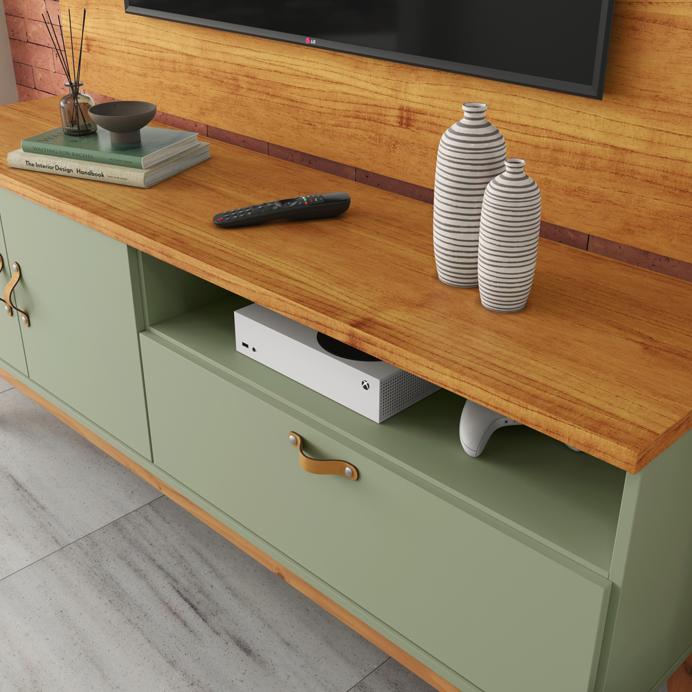 Rack Sirius 2 Portas 1,60Cm  Pés de Madeira e Puxadores de Couro Alecrim/Cinamomo