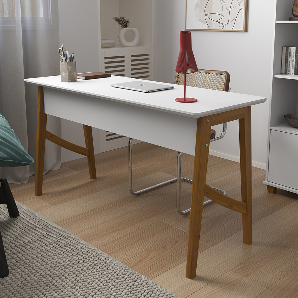 Escrivaninha Taurus Branca Com Pés de Madeira Maciça