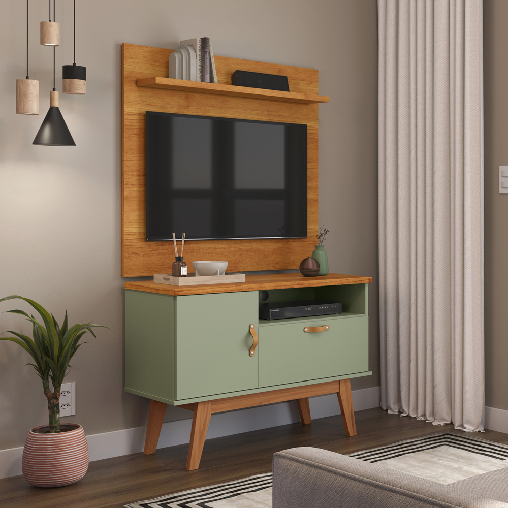 Rack Sirius 2 Portas 90Cm  Pés de Madeira e Puxadores de Couro Alecrim/Cinamomo