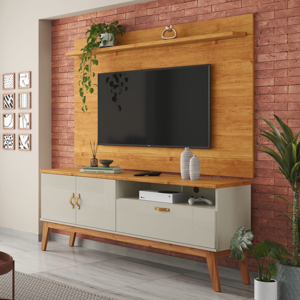 Rack Sirius 2 Portas 1,60Cm  Pés de Madeira e Puxadores de Couro Off White/Cinamomo