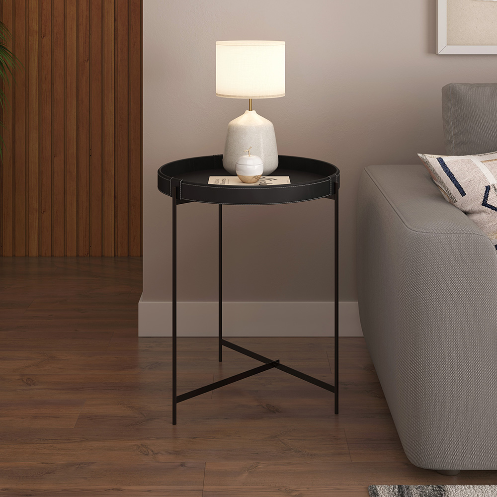 Mesa Lateral Redonda Em Couro Décor 560 Preta 