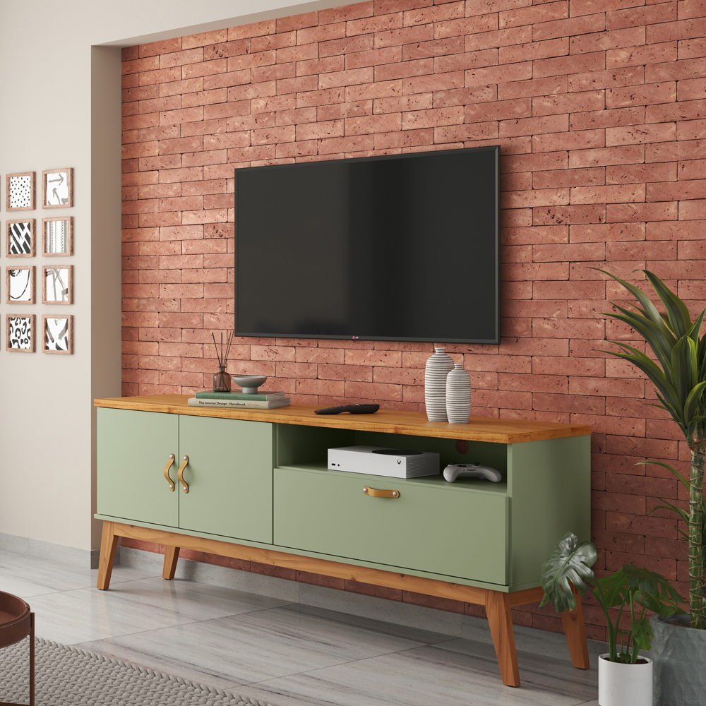 Rack Sirius 2 Portas 140Cm  Pés de Madeira e Puxadores de Couro Alecrim/Cinamomo