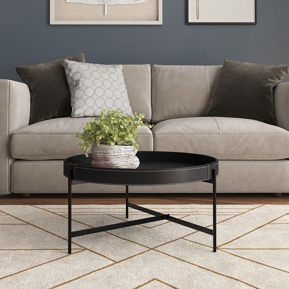 Mesa De Centro Redonda Em Couro Décor 600 Preta 