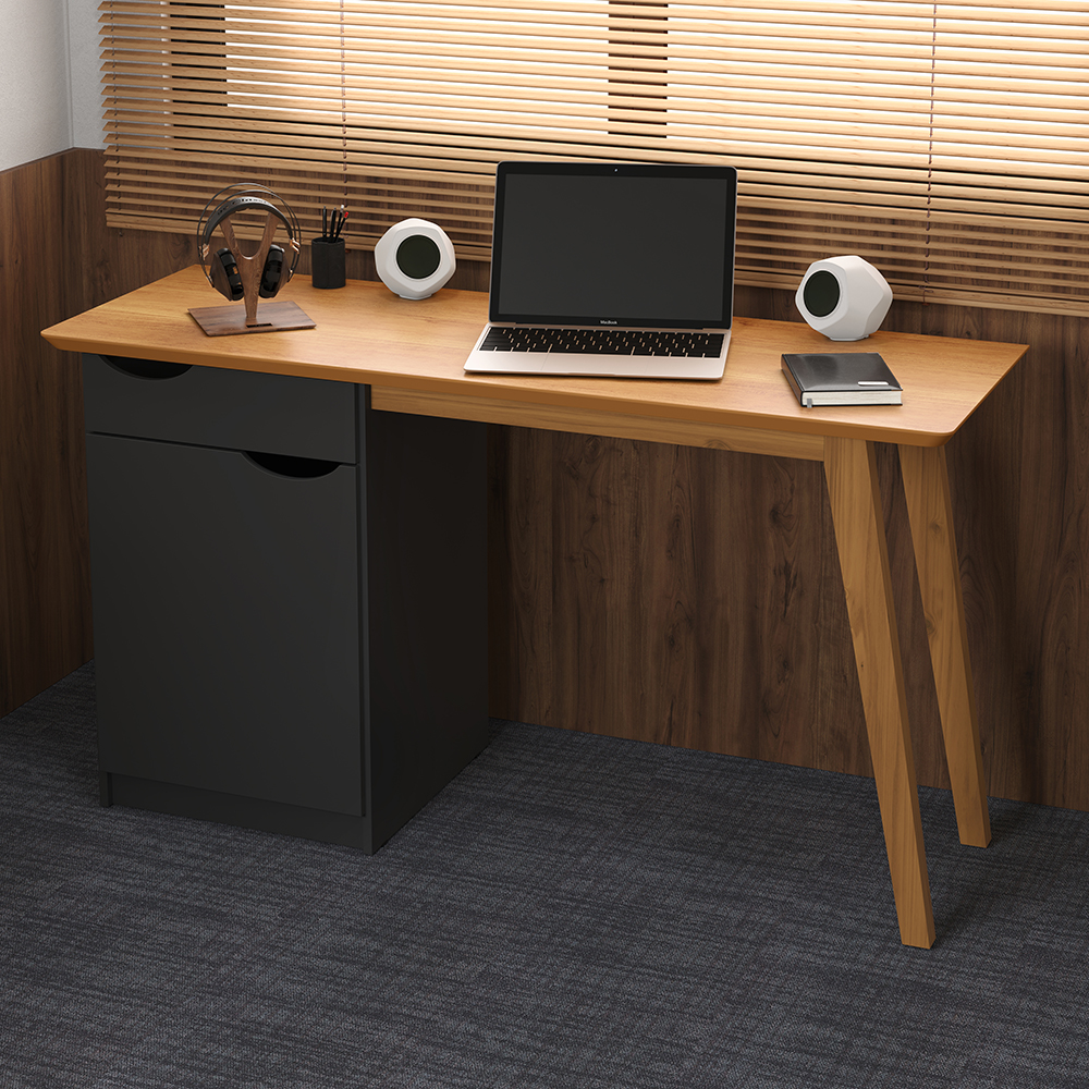 Escrivaninha Com Pés De Madeira Maciça Prism Preto Acetinado/Cinamomo