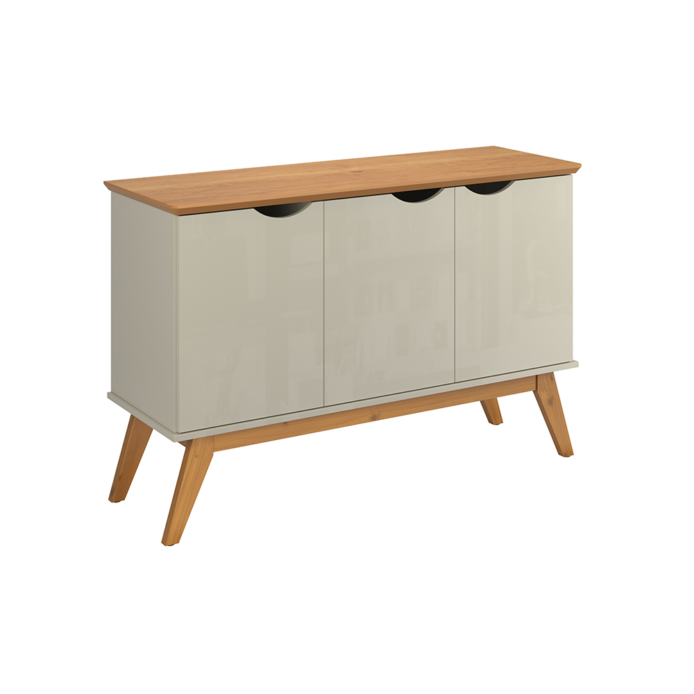 Buffet 3 Portas e Pés de Madeira Maciça Prism Off White/Cinamomo