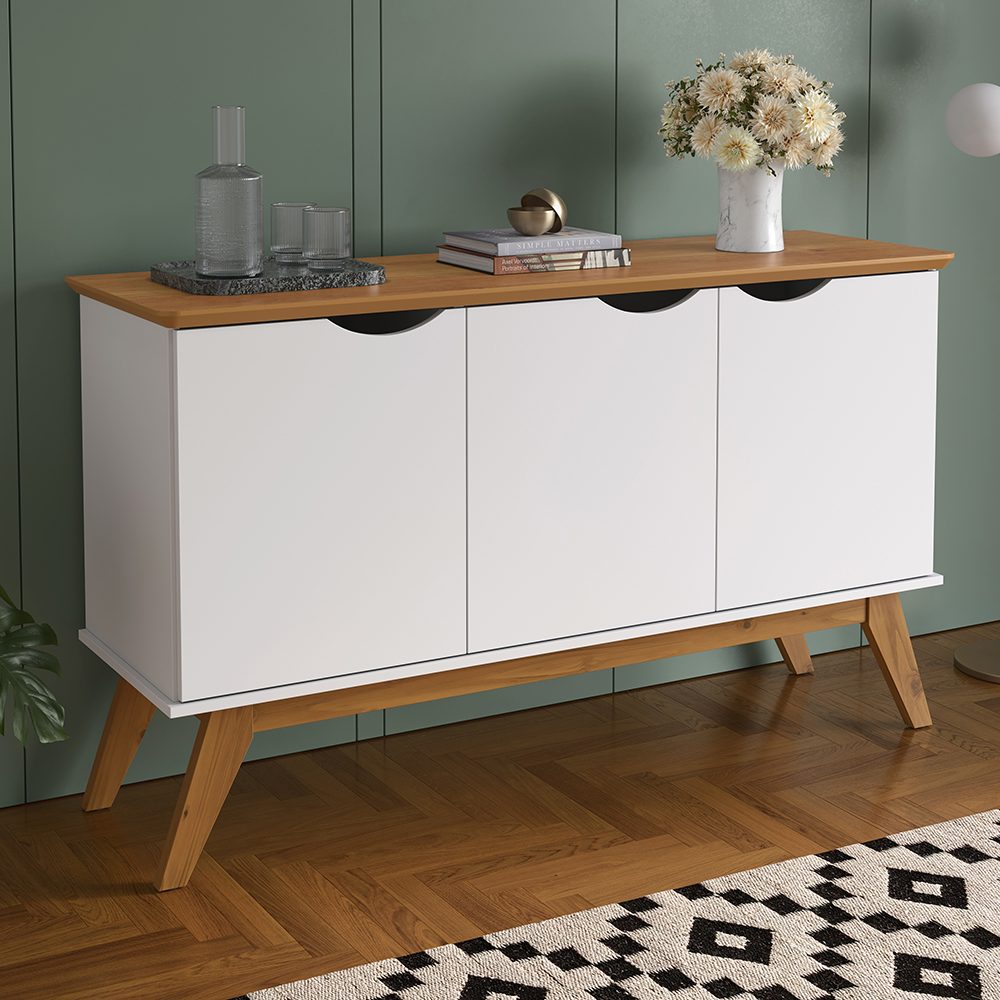 Buffet 3 Portas e Pés de Madeira Maciça Prism Branco Acetinado/Cinamomo