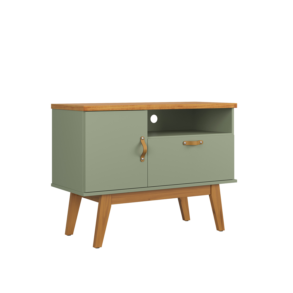 Rack Sirius 2 Portas 90Cm  Pés de Madeira e Puxadores de Couro Alecrim/Cinamomo