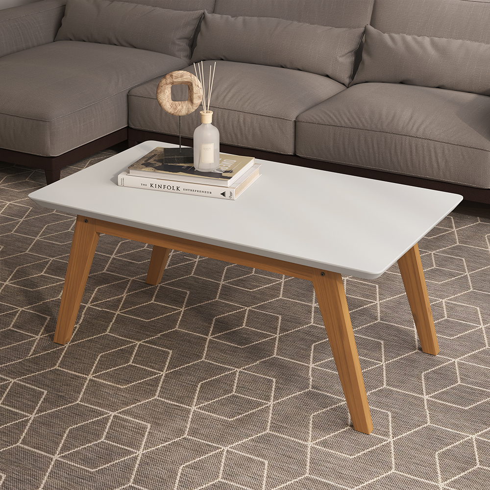 Mesa de Centro Retangular Com Pés De Madeira Prism Branco Acetiado