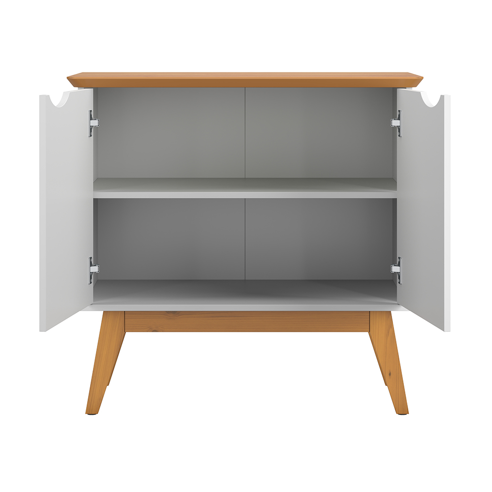 Buffet 2 Portas e Pés de Madeira Maciça Prism Branco Acetinado/Cinamomo