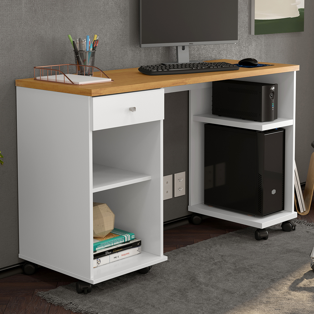 Mesa Computador Com Gaveta e Rodizios Million Branco Acetinado/Cinamomo